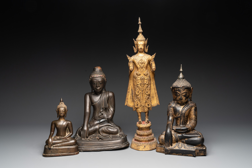 A group of four Thai bronze Buddha figures, 19th C.