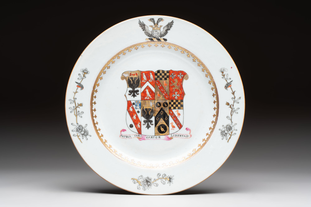 A Chinese armorial plate with the arms of Bouverie quartering Urry and Clarke impaling Pleydell for the English market, Qianlong, ca. 1748