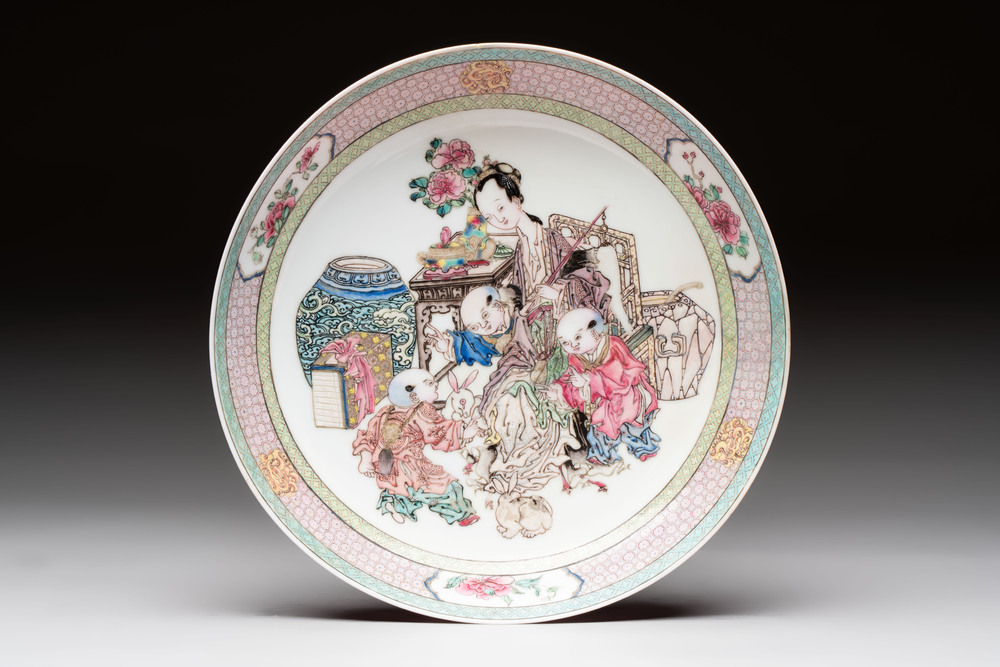 A fine Chinese famille rose ruby-back 'lady and boys' eggshell plate, Yongzheng