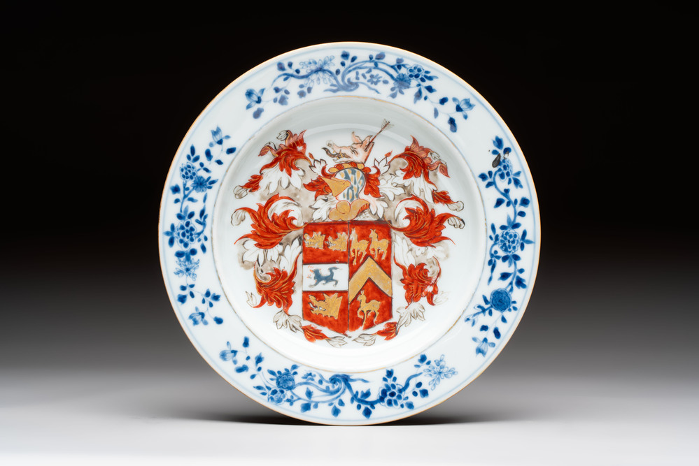 A rare Chinese Imari-style armorial soup plate with the arms of Gough impaling Hynde for the English market, Kangxi, ca. 1720