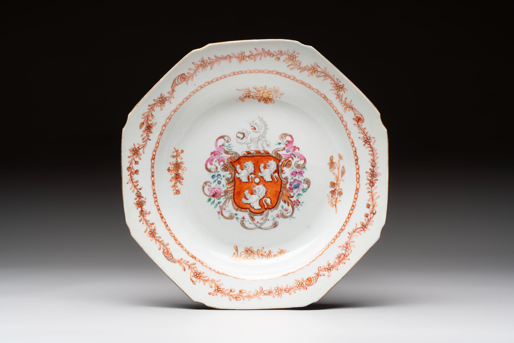 A Chinese polychrome armorial soup plate with the arms of Bennet for the English market, Qianlong, ca. 1765