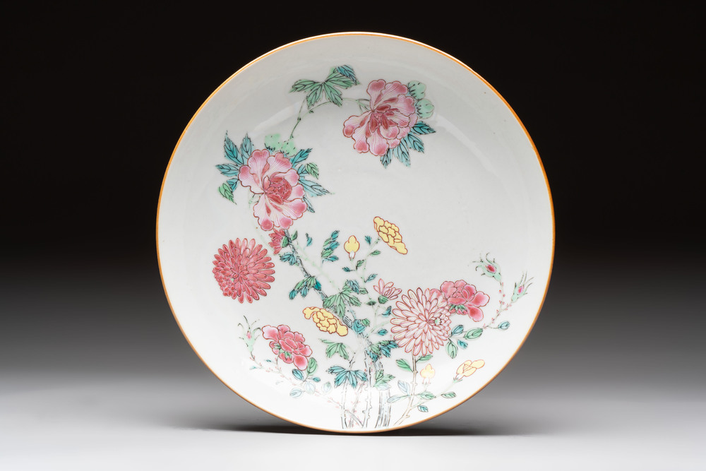 A Chinese famille rose plate with floral design, Johanneum mark, ex-collection of August the Strong, Yongzheng
