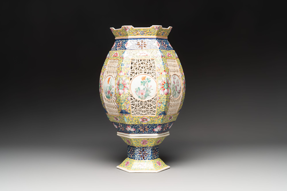 A Chinese famille rose yellow-ground hexagonal lantern and stand, Republic