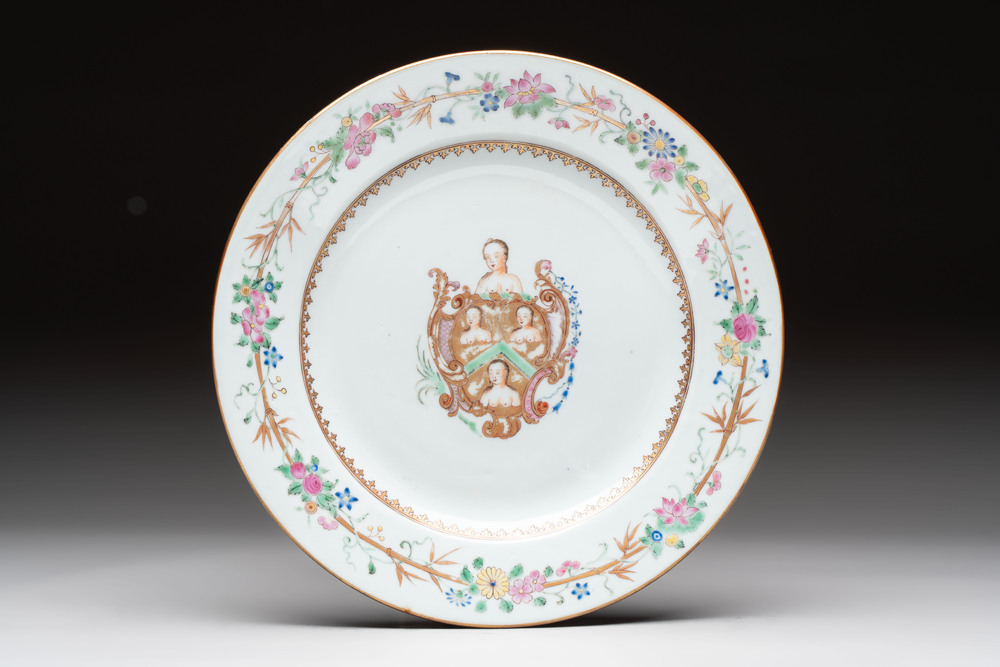A Chinese famille rose armorial plate with the arms of William Ellis for the English market, Qianlong, ca. 1755