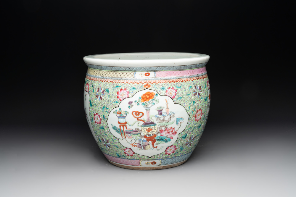 A Chinese famille rose lime-green-ground jardini&egrave;re with birds, flowers and antiquities, 19th C.