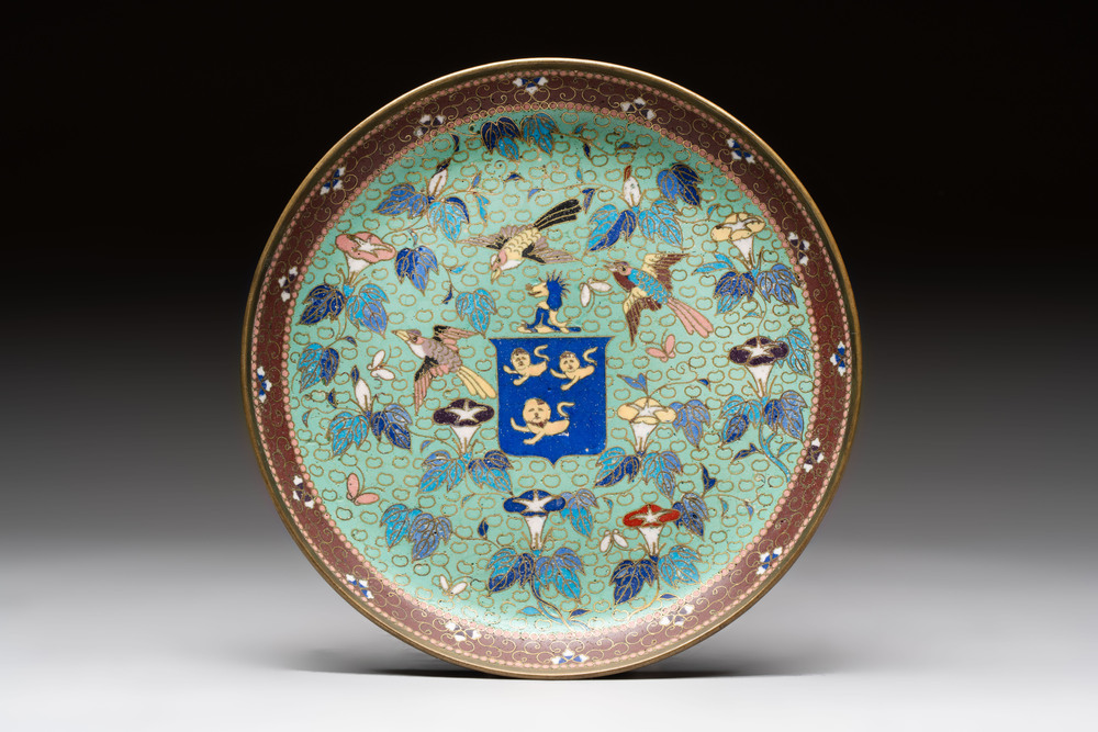 A rare Japanese cloisonn&eacute; armorial saucer dish, 19th C.