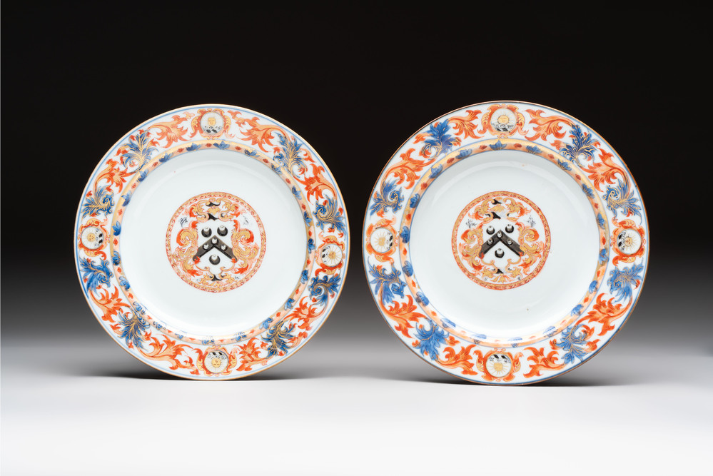 A pair of Chinese Imari-style armorial plates with the arms of Walker for the English market, Kangxi, ca. 1712