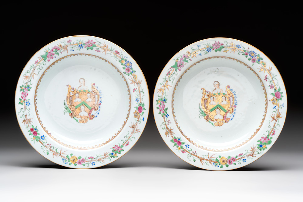 A pair of Chinese famille rose armorial soup plates with the arms of William Ellis for the English market, Qianlong, ca. 1755