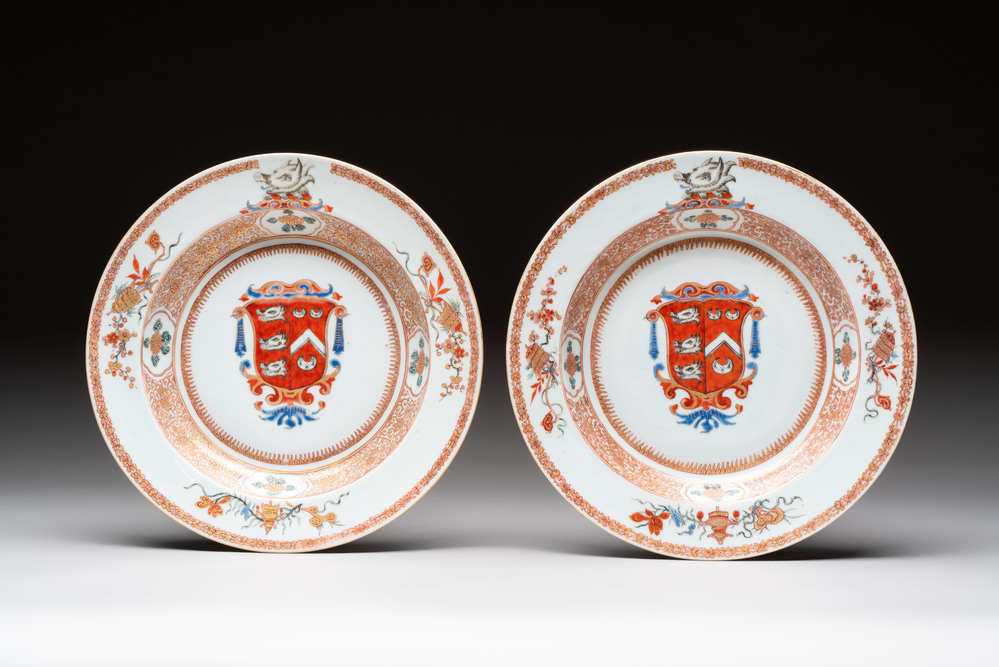 A pair of Chinese famille rose armorial soup plates with the arms of Wynne impaling Gosling for the English market, Yongzheng, ca. 1725