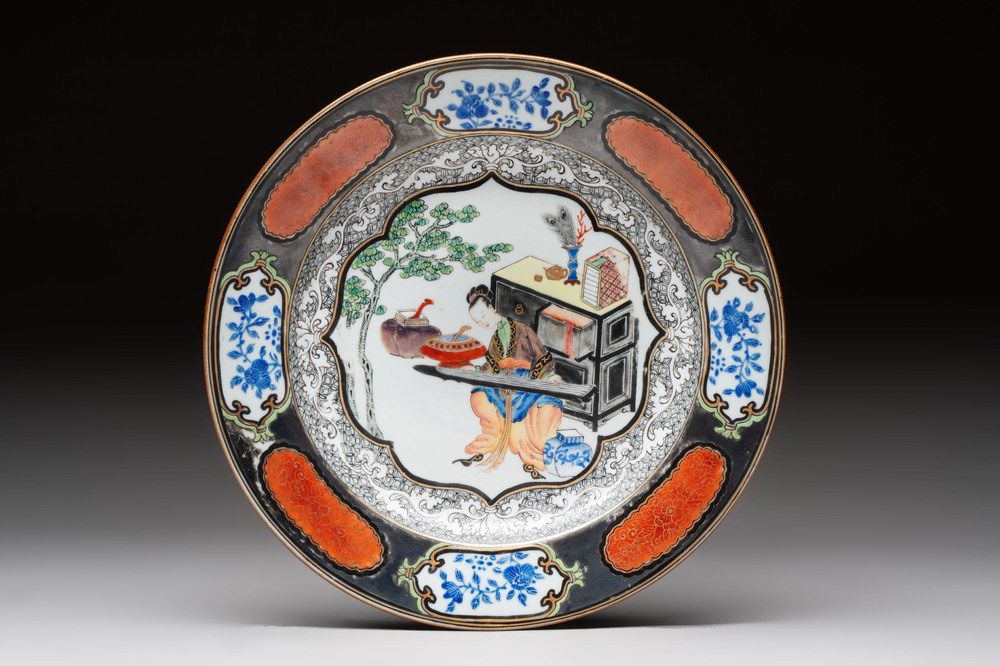 A Chinese famille rose silver and gilt-decorated plate with a lady playing guqin, Yongzheng/Qianlong