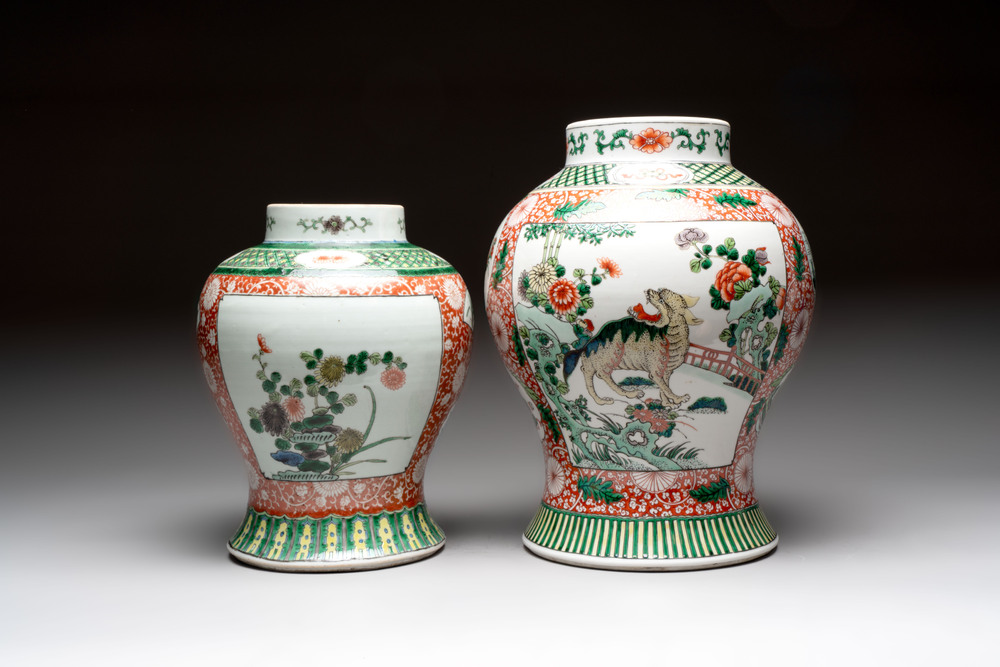 Two Chinese famille verte 'flowers and mythical animals' vases, 19th C.