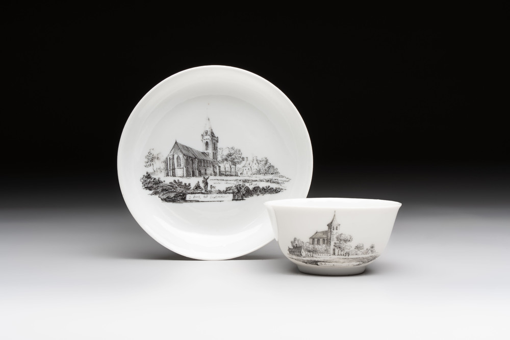 A Chinese grisaille 'Castricum, Blaricum and Workum' cup and saucer, Qianlong