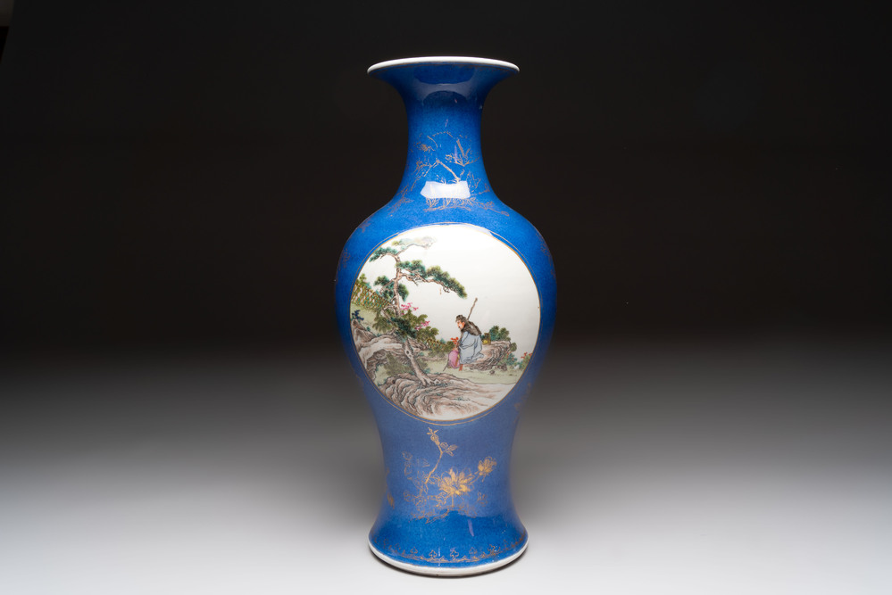 A Chinese famille rose powder-blue-ground vase, 19th C.