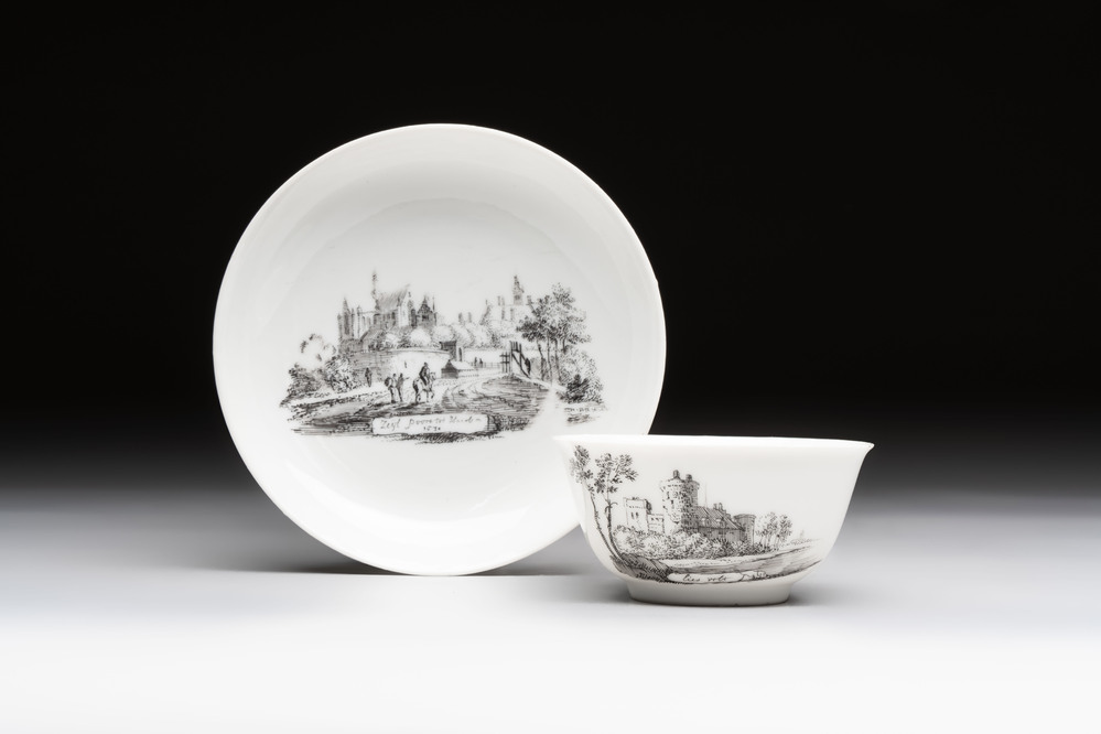 A Chinese grisaille 'Haarlem, Leersum and Liesveld' cup and saucer, Qianlong