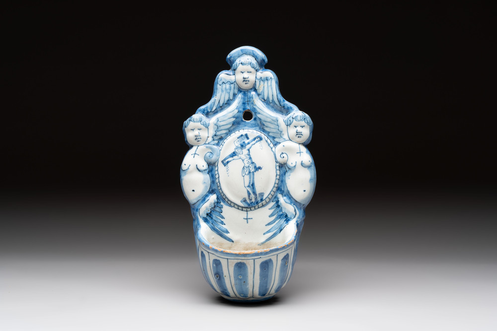 A blue and white Dutch Delft holy water font, late 17th C.