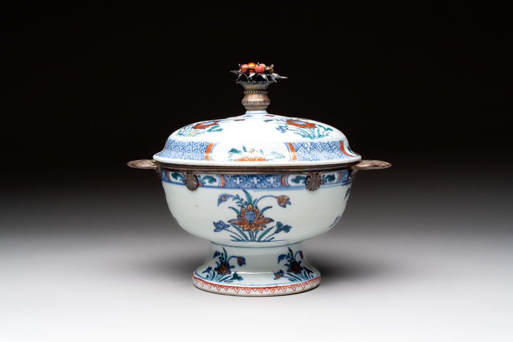 A rare Chinese silver-mounted doucai bowl and cover, Kangxi/Yongzheng