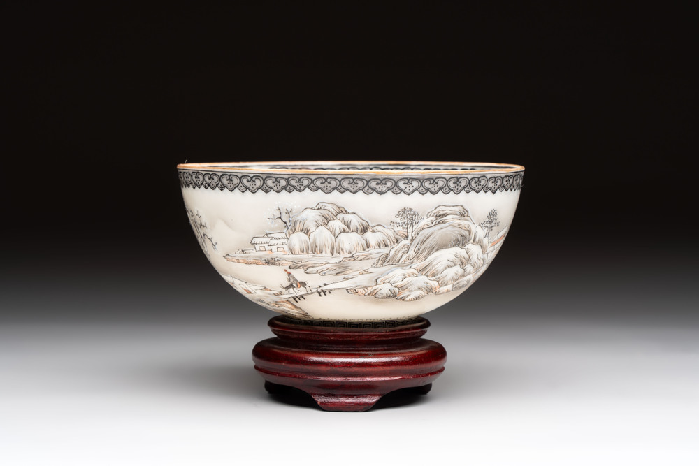 A Chinese 'snowscape' eggshell bowl on wooden stand, Qianlong mark, Republic