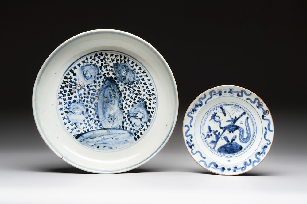 A Chinese blue and white 'floral' dish and a 'phoenix' plate, Ming