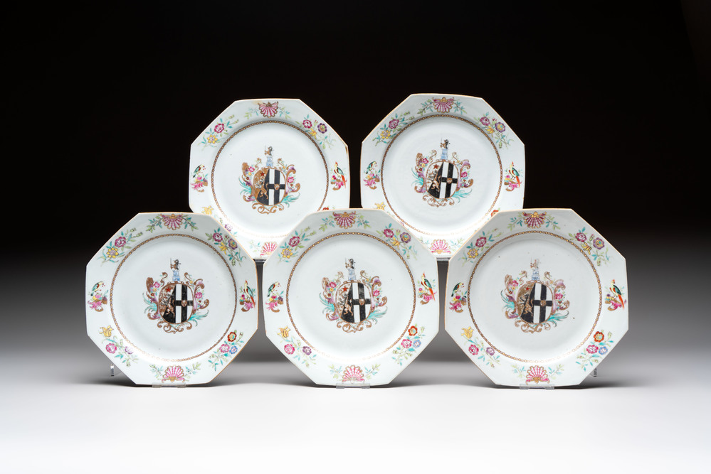 A set of five Chinese famille rose armorial plates with the arms of Simpson impaling Brydges for the English market, Qianlong, ca. 1760