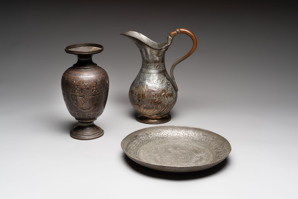 A tinned copper ewer, a vase and a dish, Qajar, 19/20th C.