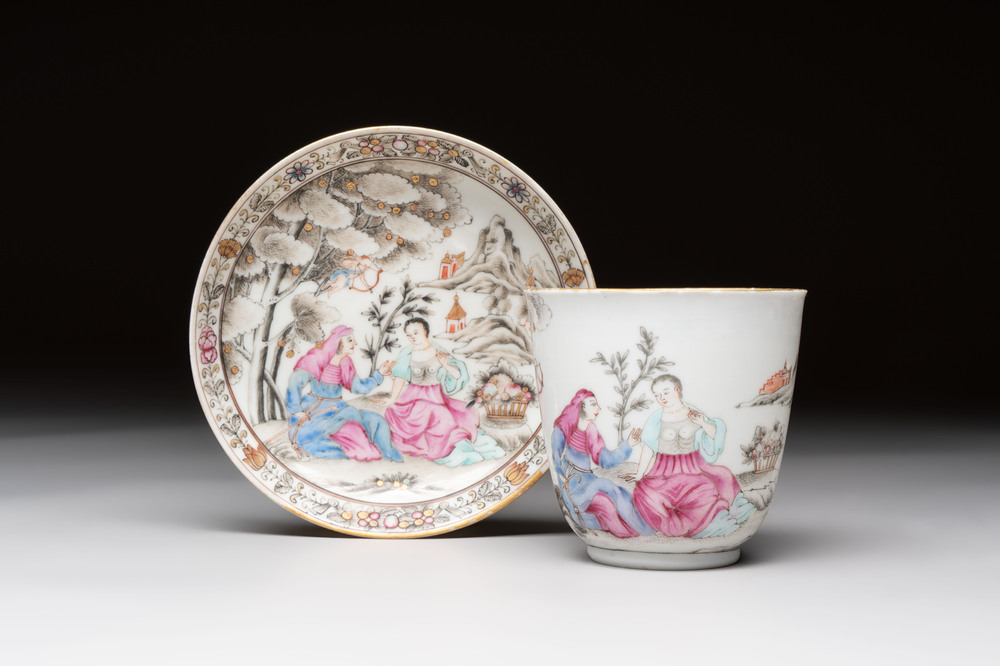 A Chinese famille rose 'erotic subject' cup and saucer, Yongzheng/Qianlong