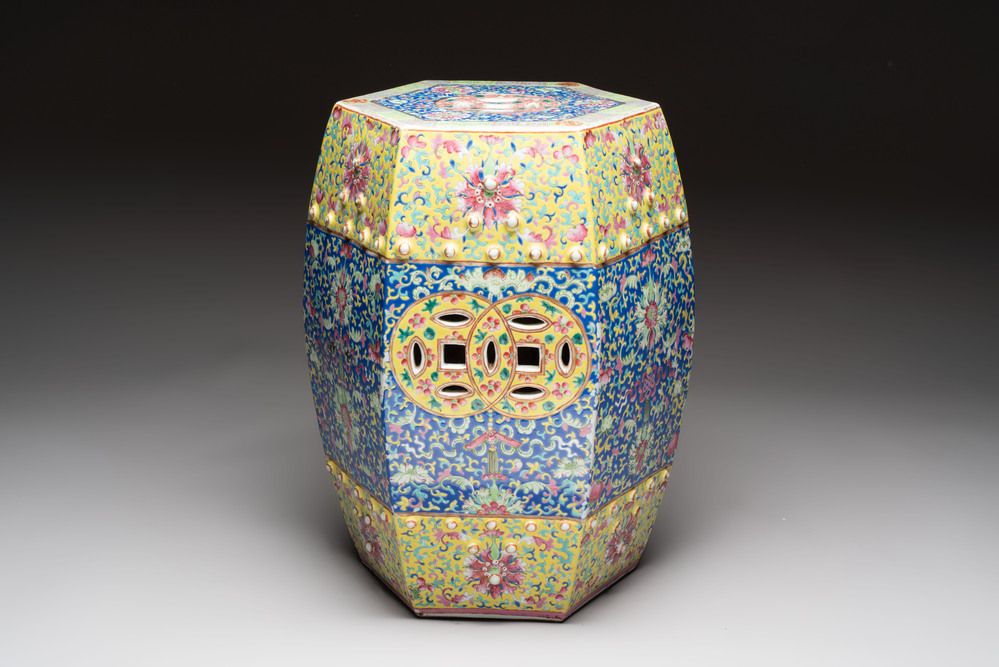 A Chinese famille rose blue and yellow-ground hexagonal garden seat, 19th C.