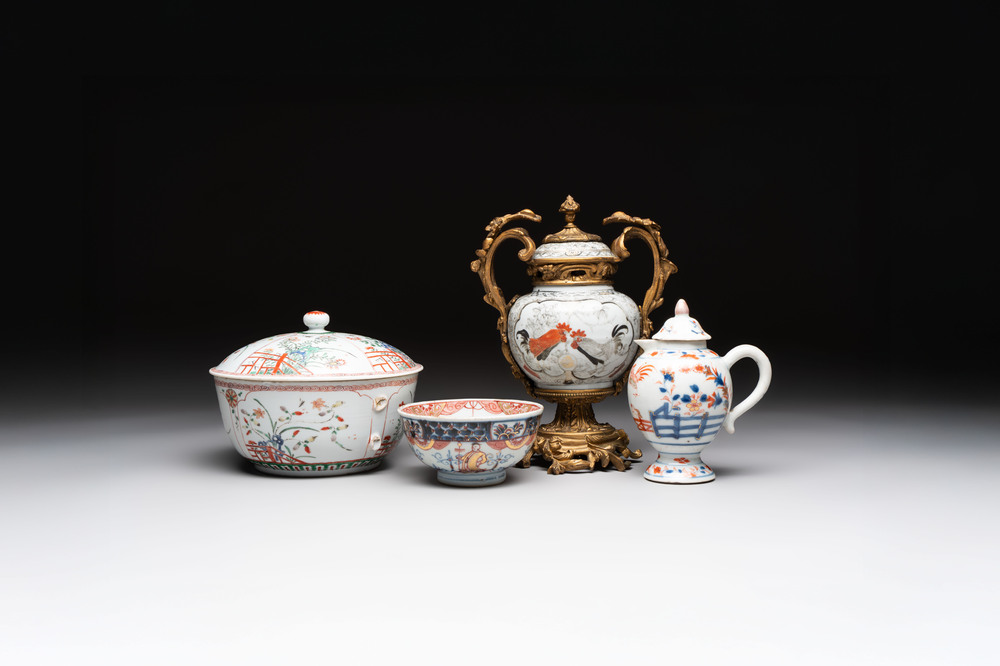 A Chinese famille verte covered bowl, a Dutch-decorated bowl, a gilt-bronze mounted pot-pourri vase and an Imari-style covered jug, Kangxi/Qianlong
