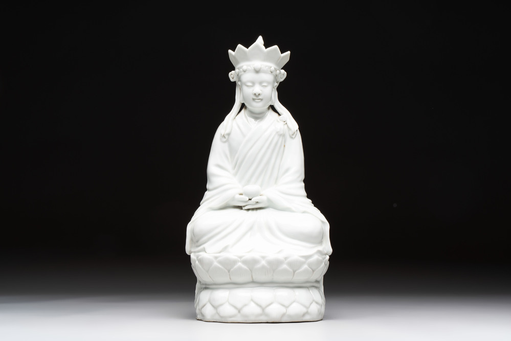 A Chinese white-glazed figure of Xuanzang, Cai Chang Tai 蔡昌泰造 mark, 20th C.