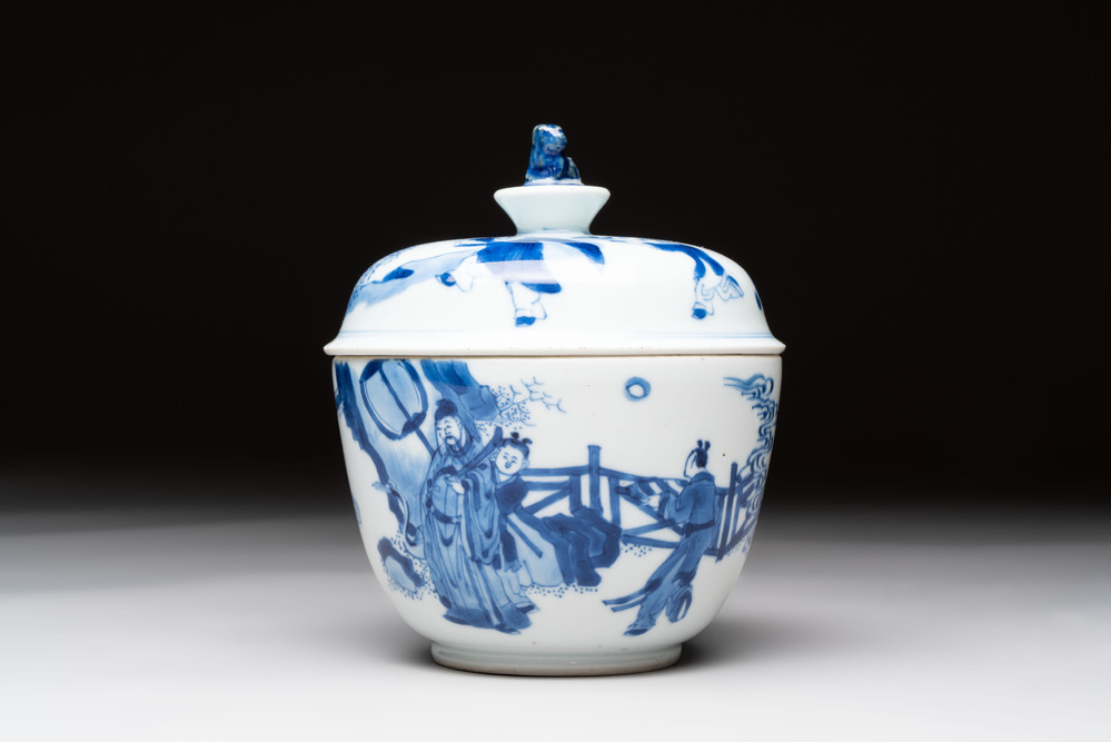 A Chinese blue and white 'figures in a landscape' bowl and cover, Kangxi mark and of the period
