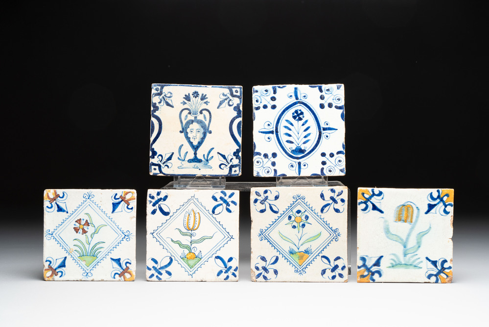 Six blue, white and polychrome Dutch Delft 'flower' tiles, 17th C.