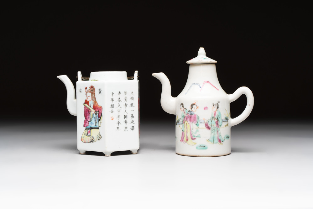 A Chinese famille rose 'Wu Shuang Pu' teapot and a famille rose covered wine pot, 19th C.