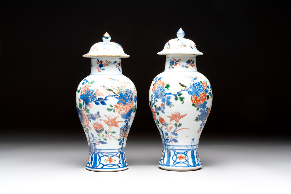 A pair of Chinese verte-Imari 'birds among flowering branches' vases and covers, Kangxi