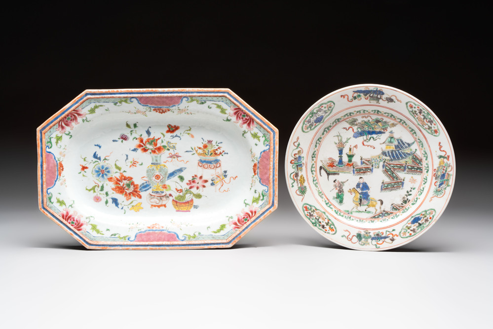 A Chinese famille rose octagonal dish and a famille verte plate with figures in a landscape, ding mark, Kangxi/Qianlong