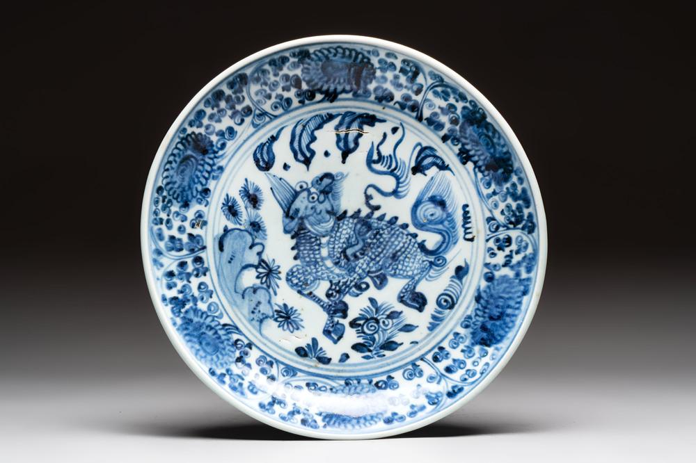 A Chinese blue and white 'qilin' dish, Hongzhi/Zhengde