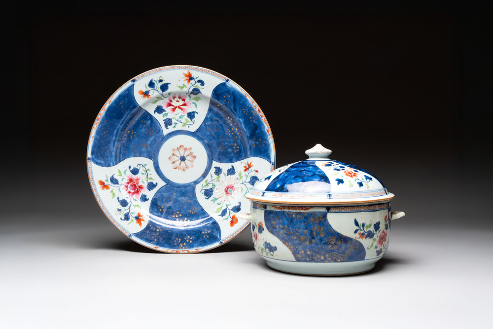 A Chinese famille rose blue-ground tureen, cover and stand, Qianlong