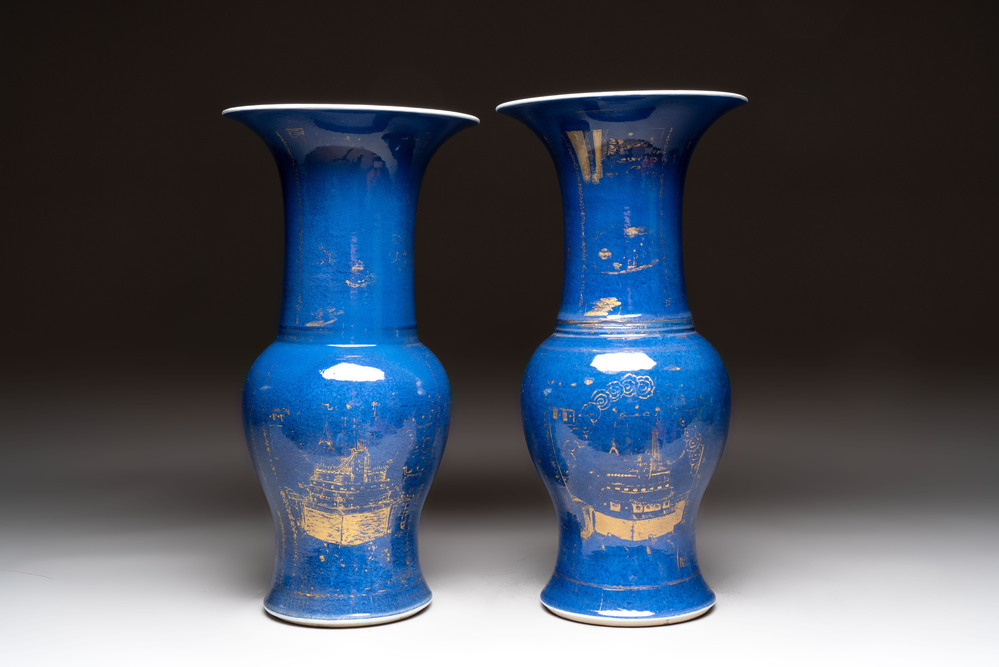 A pair of Chinese gilt-decorated powder-blue 'yenyen' vases, Kangxi