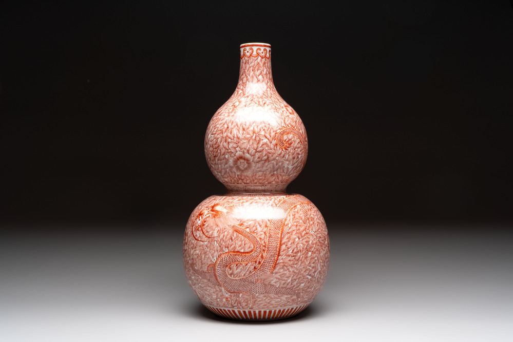 A Chinese iron-red-decorated 'dragon and phoenix' double-gourd vase, Qianlong mark, Republic