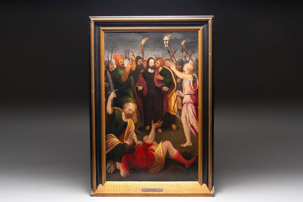 Pieter Claeissens the Elder (Bruges, 1499-1576): 'The Betrayal of Christ', oil on panel, 16th C.