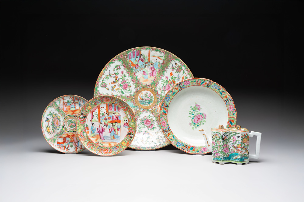 Four Chinese Canton famille rose plates and a covered double-teapot, 19th C.