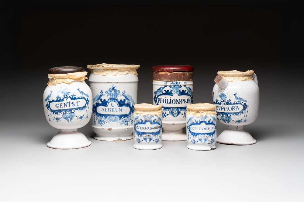 A collection of five blue and white Tournai faience pharmacy jars and a wet drug jar, 17/18th C.