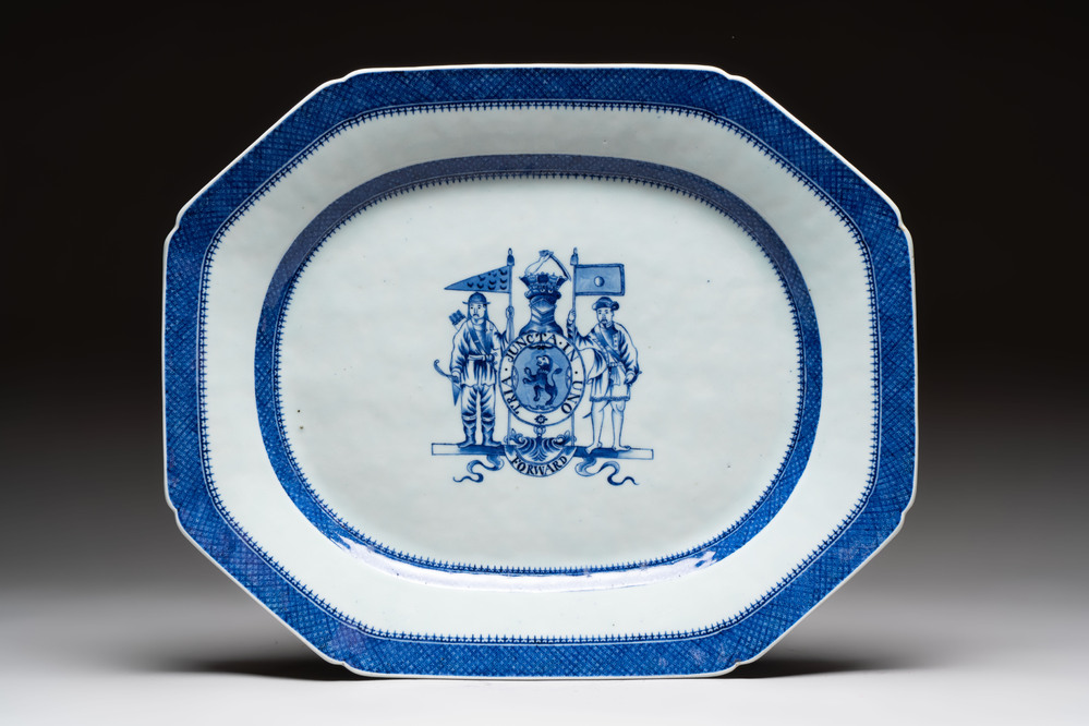 A massive Chinese blue and white armorial charger with the arms of Hughes for the English market, Qianlong, ca. 1790