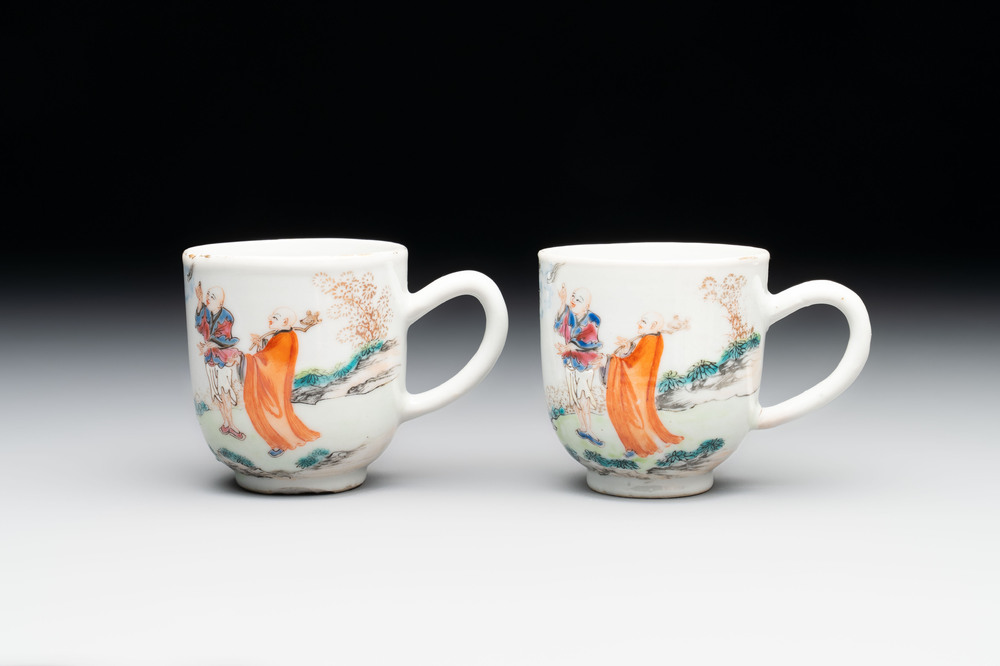 A pair of Chinese famille rose 'Luohan' cups, Qianlong