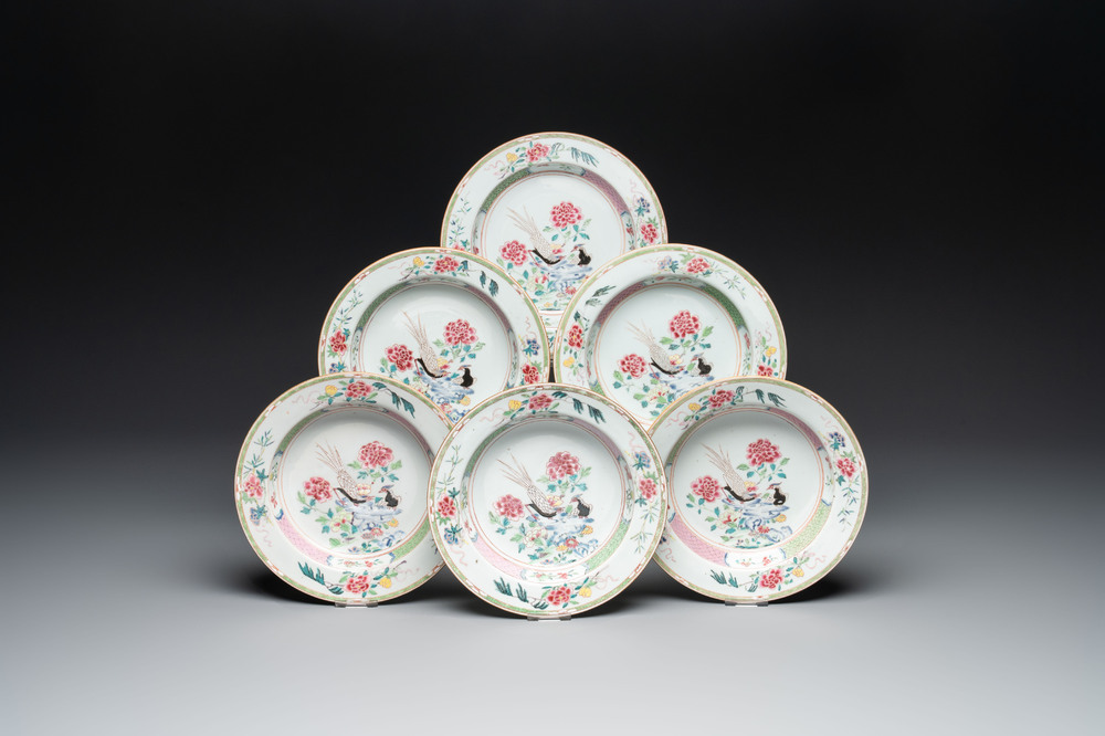 A set of six Chinese famille rose 'pheasants' plates, Yongzheng