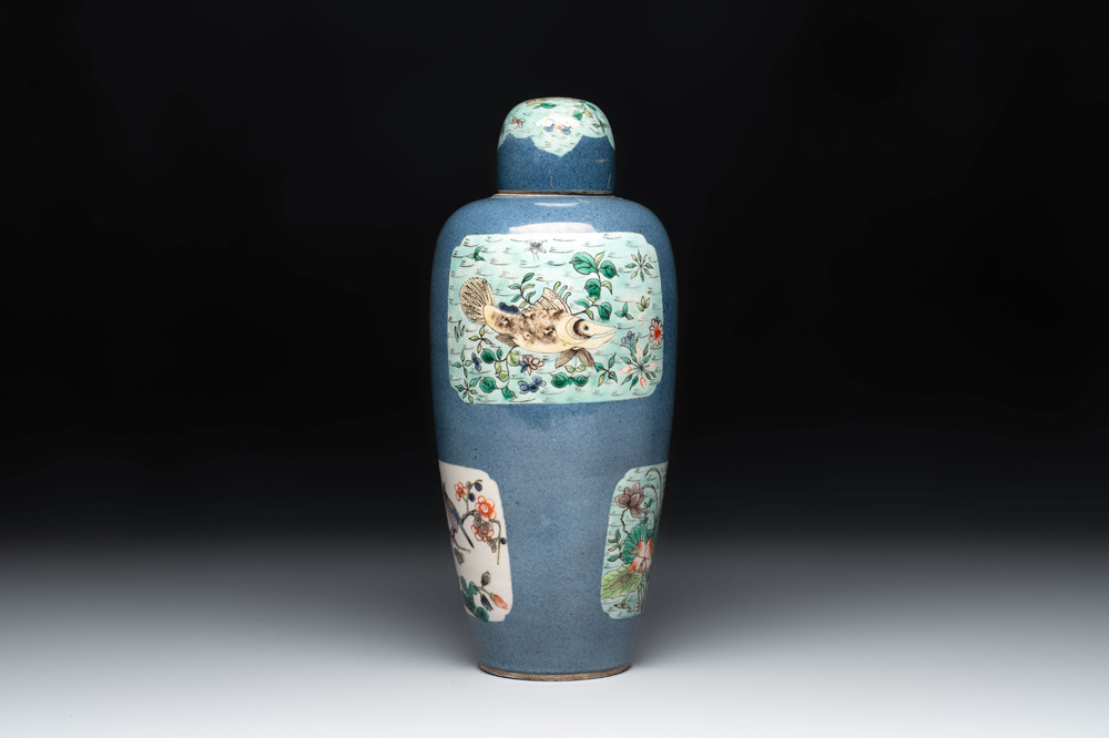 A Chinese famille verte powder-blue-ground 'fish and bird' vase and cover, 19th C.