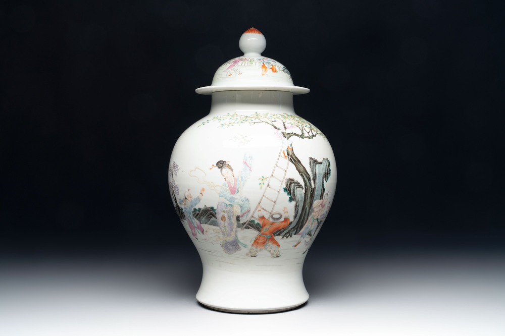 A Chinese famille rose 'lady and boys' vase and cover, Qianlong mark, Republic