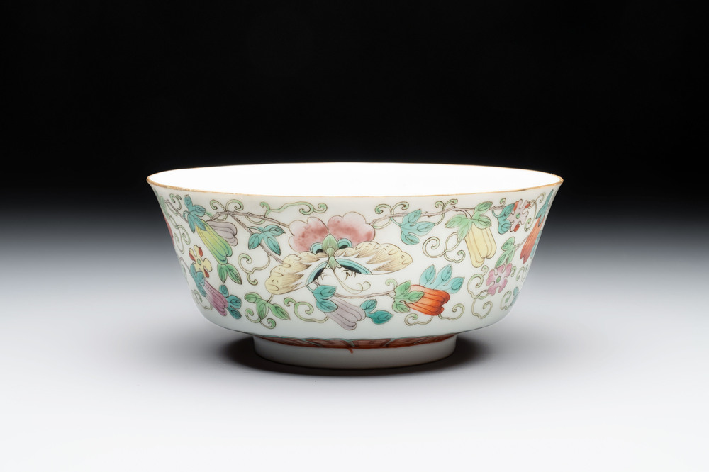 A Chinese famille rose 'butterflies and melons' bowl, Chenghua mark, 19th C.
