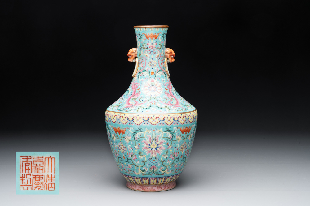 An imperial Chinese famille rose turquoise-ground 'chilong and flower scrolls' vase, Jiaqing mark and of the period