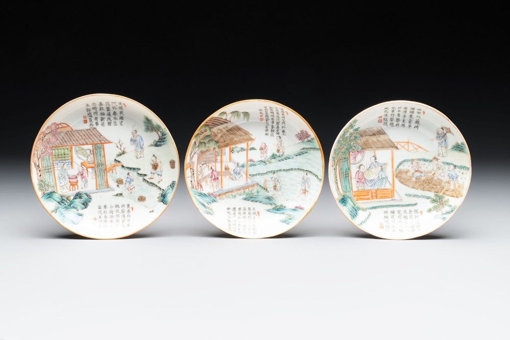 Three Chinese famille rose plates with narrative design, Tongzhi mark and of the period