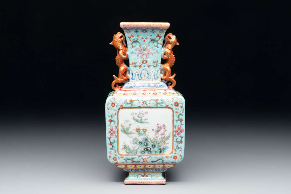 A Chinese famille rose turquoise-ground rectangular vase with floral design, Qianlong mark, Republic