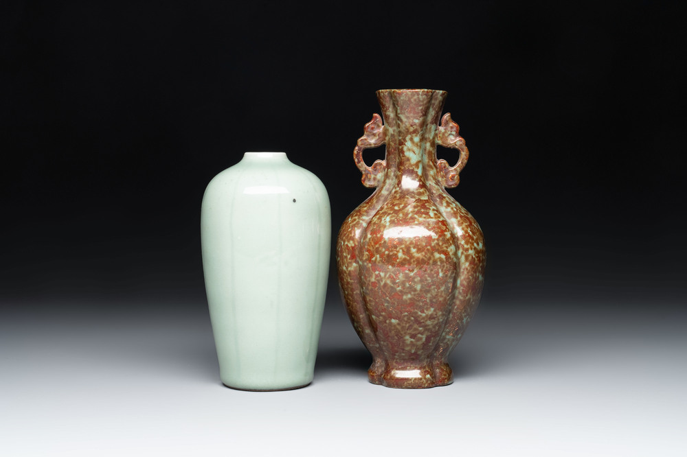 A Chinese celadon-glazed vase and a faux bronze-glazed vase, Qianlong mark, 18/19th C.